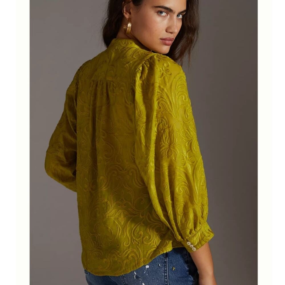 Anthropologie Pilcro Bella Embroidered Semi Sheer Button Down Blouse Green Sz XS - Picture 2 of 14